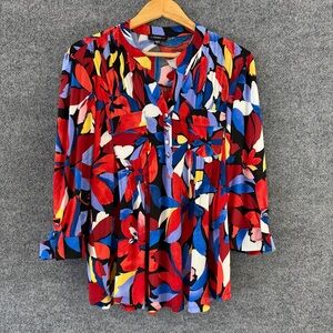 Cocomo Womens Tropical Floral Top Size Large Red Blue V Neck 3/4 Sleeve Artsy
